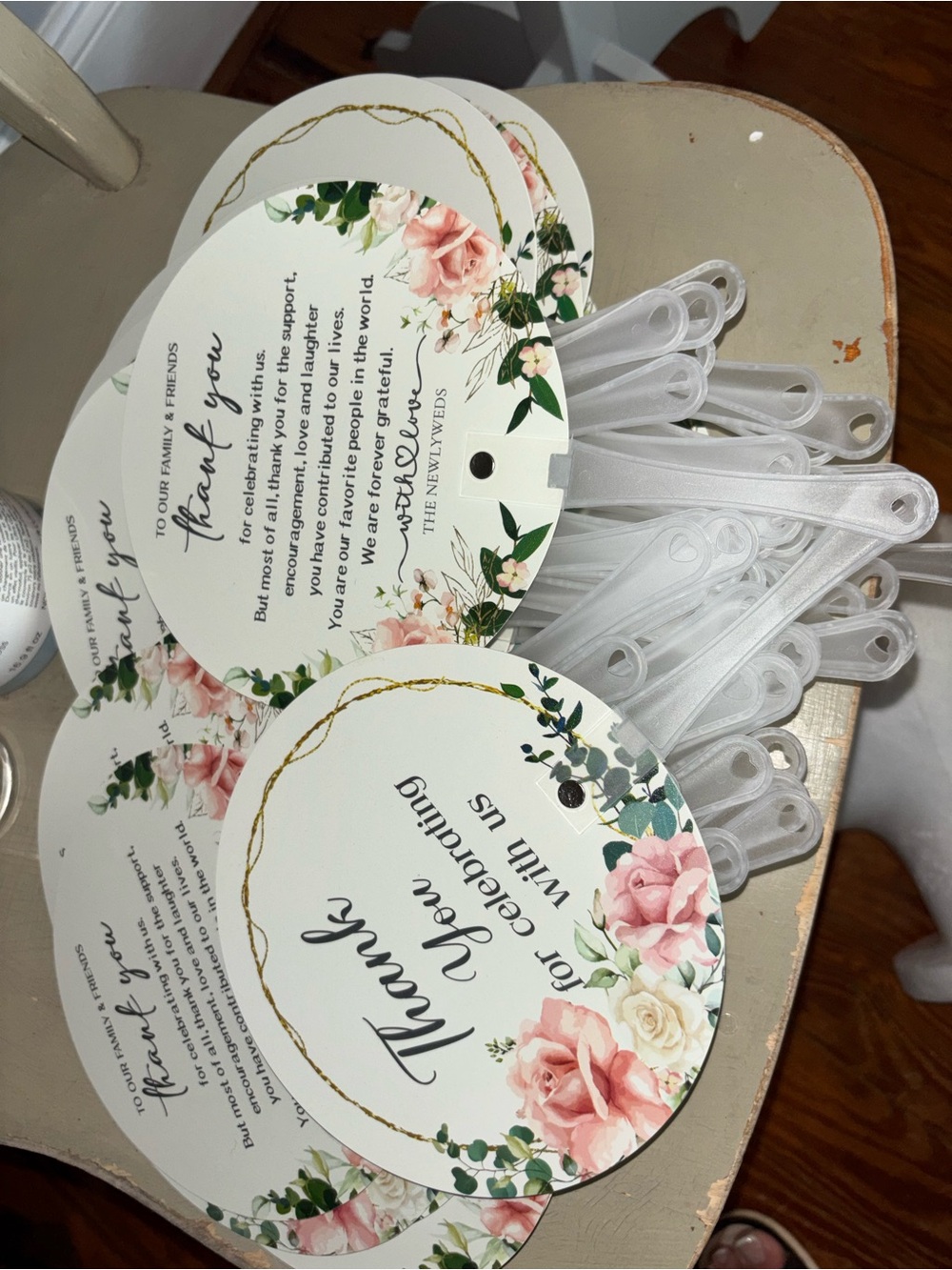 (54) wedding Thank You Floral Hand Fan - White & Pink - Party Favor